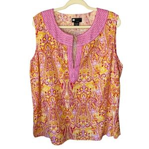 Carole Little Woman Pink Yellow Paisley Linen Rayon Sleeveless Tunic Top 2X